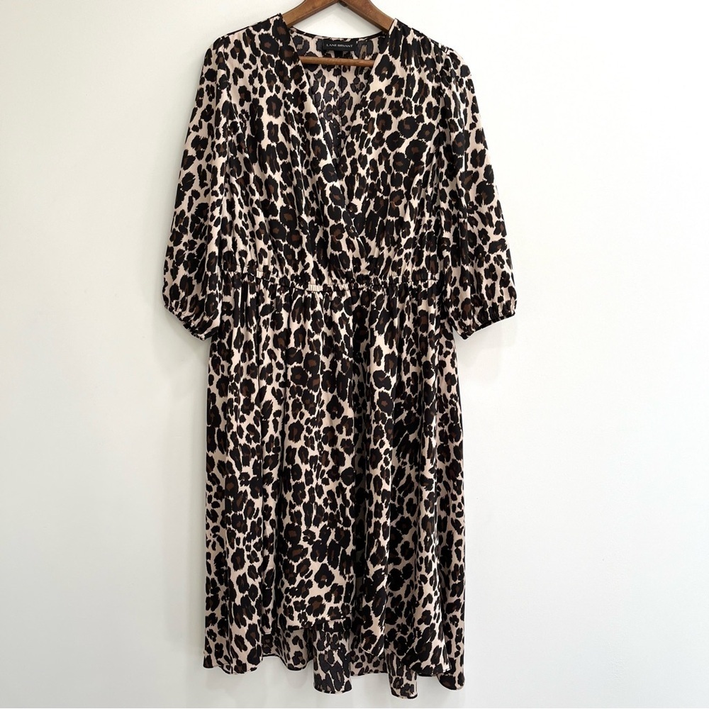 Lane Bryant leopard print faux wrap midi dress 3/4 length sleeves size 14
